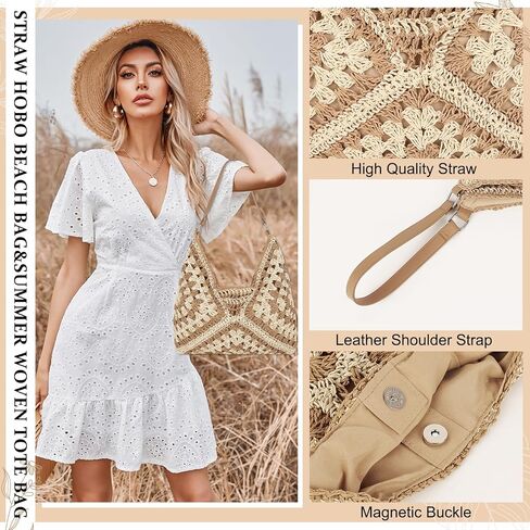 حقيبة شاطئ Straw Hobo للنساء ، حقيبة الكتف الصيفية الصيفية الكروشيه ، حقيبة يد قابلة للطي خمر للسفر in Saudi Arabia