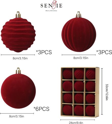 Senjie 12pcs Velvet Christmas Balls Flocked Christmas Tree 3.15inch Ornaments Plastic Balls Xmas Hanging Ornaments Decoration Red in Kuwait