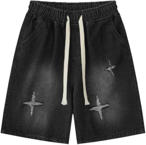 y2k star jorts - جنسيس غسل الفضات الفضفاضة جينز شورت الرجال منتصف الفخذ السراويل القصيرة in Kuwait
