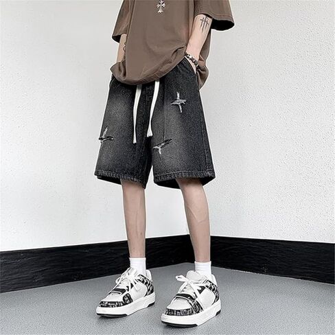 y2k star jorts - جنسيس غسل الفضات الفضفاضة جينز شورت الرجال منتصف الفخذ السراويل القصيرة in Kuwait