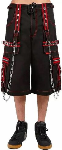 Gothic Punk Cargo Shorts, Black with Red Trim, Chain Details and Studded Straps, Multi-Pocket Design in Saudi Arabia