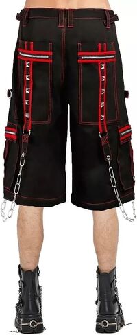 Gothic Punk Cargo Shorts, Black with Red Trim, Chain Details and Studded Straps, Multi-Pocket Design in Saudi Arabia
