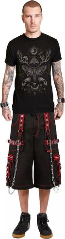 Gothic Punk Cargo Shorts, Black with Red Trim, Chain Details and Studded Straps, Multi-Pocket Design in Saudi Arabia