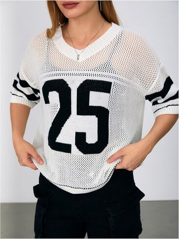 Verdusa Women's Hollow Out Sheer Jersey Pullover Contents رقم طباعة قمم متماسكة قصيرة الأكمام in Saudi Arabia