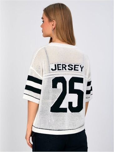 Verdusa Women's Hollow Out Sheer Jersey Pullover Contents رقم طباعة قمم متماسكة قصيرة الأكمام in Saudi Arabia