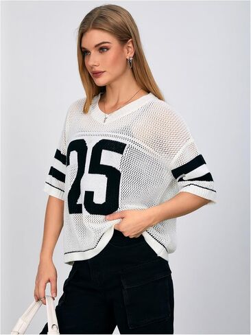 Verdusa Women's Hollow Out Sheer Jersey Pullover Contents رقم طباعة قمم متماسكة قصيرة الأكمام in Saudi Arabia