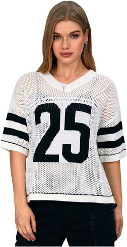Verdusa Women's Hollow Out Sheer Jersey Pullover Contents رقم طباعة قمم متماسكة قصيرة الأكمام in Saudi Arabia