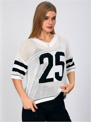 Verdusa Women's Hollow Out Sheer Jersey Pullover Contents رقم طباعة قمم متماسكة قصيرة الأكمام in Saudi Arabia