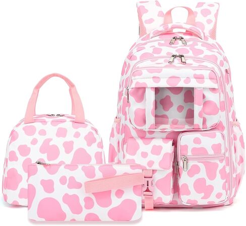 Cow Print Pink School Backpack for Girls, 3Pcs Kids Bookbag Set School Bags Back Pack with Lunch Box and Pencil Bag in Kuwait