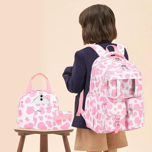 Cow Print Pink School Backpack for Girls, 3Pcs Kids Bookbag Set School Bags Back Pack with Lunch Box and Pencil Bag in Kuwait