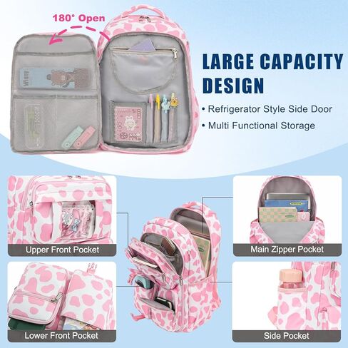 Cow Print Pink School Backpack for Girls, 3Pcs Kids Bookbag Set School Bags Back Pack with Lunch Box and Pencil Bag in Kuwait