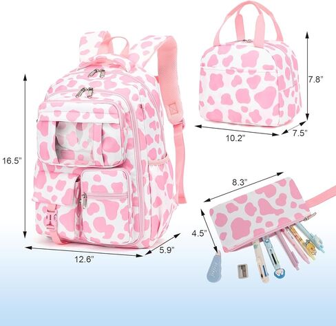 Cow Print Pink School Backpack for Girls, 3Pcs Kids Bookbag Set School Bags Back Pack with Lunch Box and Pencil Bag in Kuwait