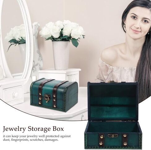 Garneck Decorative Wooden Box Vintage Treasure Chest Box with Lock and leather Straps Handmade Wooden Storage Box Trinket Jewelry Case for Home Decor, Green in Saudi Arabia