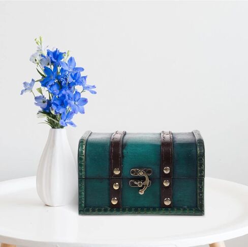 Garneck Decorative Wooden Box Vintage Treasure Chest Box with Lock and leather Straps Handmade Wooden Storage Box Trinket Jewelry Case for Home Decor, Green in Saudi Arabia