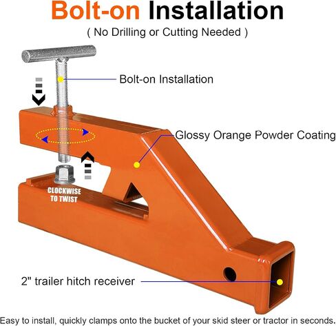 Clamp On Trailer Hitch Receiver Bucket Hitch Compatible with Tractor 2" Ball Mount Adapter and Deere Bobcat Bucket (Orange) in Saudi Arabia