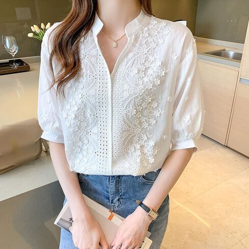 LAI MENG FIVE CATS Women's V Neck Lace Crochet See Through Floral Elegant Blouse Tops Shirts in Saudi Arabia