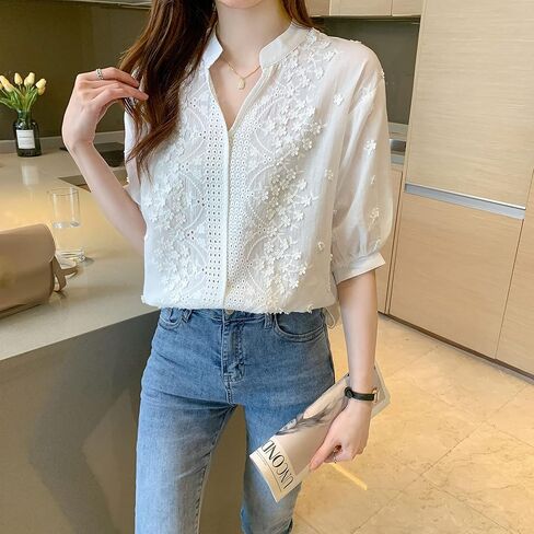 LAI MENG FIVE CATS Women's V Neck Lace Crochet See Through Floral Elegant Blouse Tops Shirts in Saudi Arabia