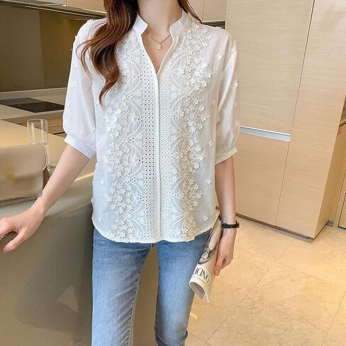 LAI MENG FIVE CATS Women's V Neck Lace Crochet See Through Floral Elegant Blouse Tops Shirts in Saudi Arabia