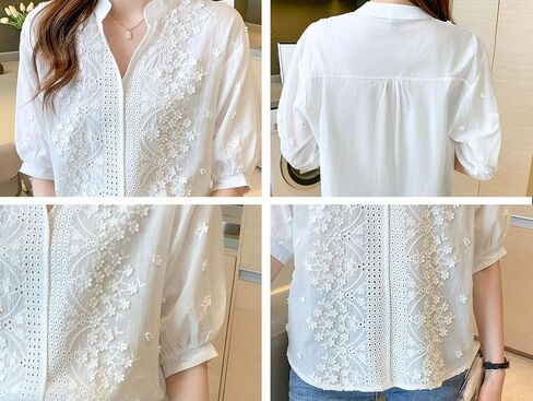 LAI MENG FIVE CATS Women's V Neck Lace Crochet See Through Floral Elegant Blouse Tops Shirts in Saudi Arabia