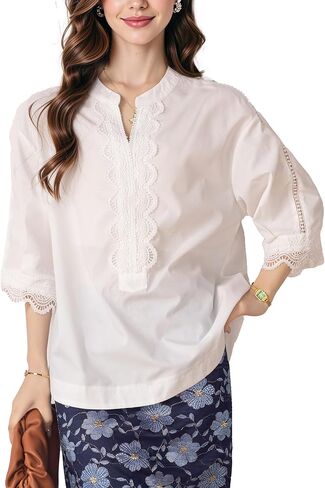 LAI MENG FIVE CATS Women's V Neck Lace Crochet See Through Floral Elegant Blouse Tops Shirts in Saudi Arabia