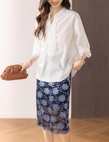 LAI MENG FIVE CATS Women's V Neck Lace Crochet See Through Floral Elegant Blouse Tops Shirts in Saudi Arabia