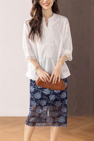 LAI MENG FIVE CATS Women's V Neck Lace Crochet See Through Floral Elegant Blouse Tops Shirts in Saudi Arabia
