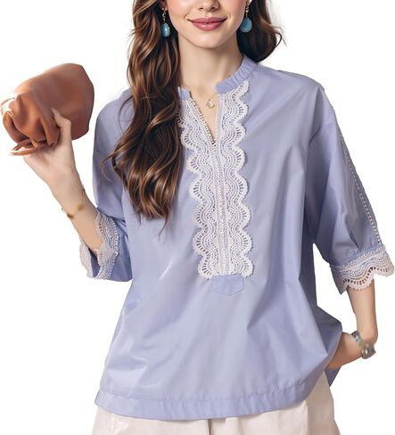 LAI MENG FIVE CATS Women's V Neck Lace Crochet See Through Floral Elegant Blouse Tops Shirts in Saudi Arabia