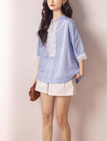 LAI MENG FIVE CATS Women's V Neck Lace Crochet See Through Floral Elegant Blouse Tops Shirts in Saudi Arabia