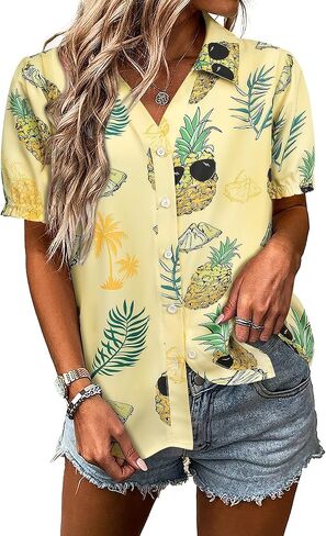 ZXZY Women Hawaiian Shirt Puff Short-Sleeve V Neck T-Shirt Pineapple Graphic Tee Tops Blouse Outfit in Kuwait