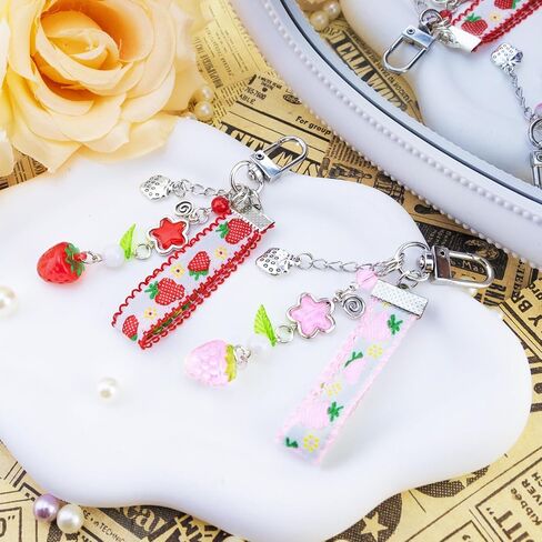 Strawberry Keychain Gifts 2Pcs Cute Strawberry Decor Purse Charms Accessories Kawaii Strawberry Themed Bag Charm Stuff Fruit Lover Gifts for Women Girls Red and Pink Key Chains Decoration Girly Stuff in Saudi Arabia