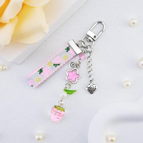Strawberry Keychain Gifts 2Pcs Cute Strawberry Decor Purse Charms Accessories Kawaii Strawberry Themed Bag Charm Stuff Fruit Lover Gifts for Women Girls Red and Pink Key Chains Decoration Girly Stuff in Saudi Arabia
