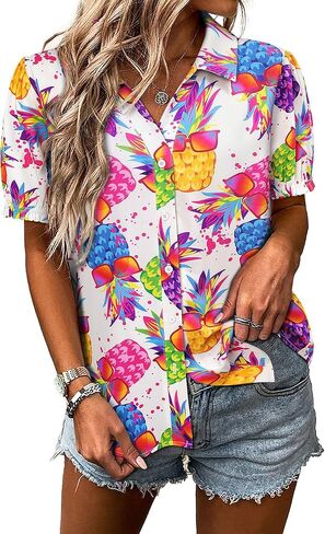 ZXZY Women Hawaiian Shirt Puff Short-Sleeve V Neck T-Shirt Pineapple Graphic Tee Tops Blouse Outfit in Kuwait