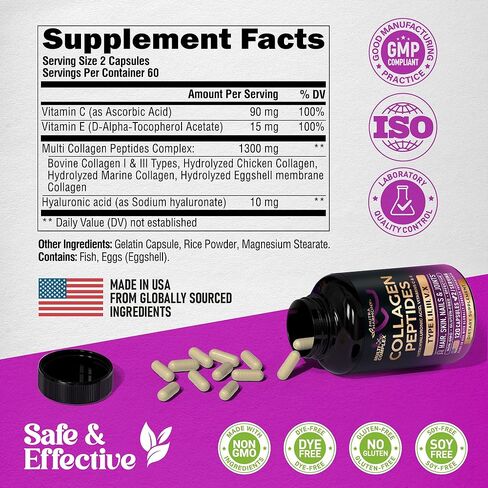 ببتيدات الكولاجين المتعددة - الأنواع المتحللة الأول والثاني والثالث والخامس والعاشر - مكمل الكولاجين للنساء 1300 مجم - مع حمض الهيالورونيك وفيتامينات C وE - دعم الجلد والشعر والأظافر والمفاصل - صنع في الولايات المتحدة الأمريكية، 120 كبسولة in Kuwait