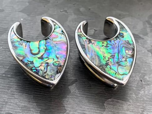 PAIR of Stunning Abalone Tear Drop Saddle Ear Spreader Tunnels - Surgical Steel - Plugs - Gauges - Body Jewelry in Saudi Arabia