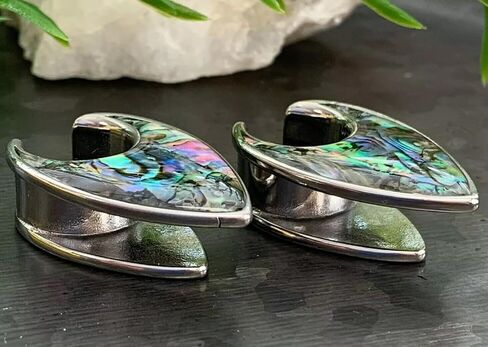 PAIR of Stunning Abalone Tear Drop Saddle Ear Spreader Tunnels - Surgical Steel - Plugs - Gauges - Body Jewelry in Saudi Arabia