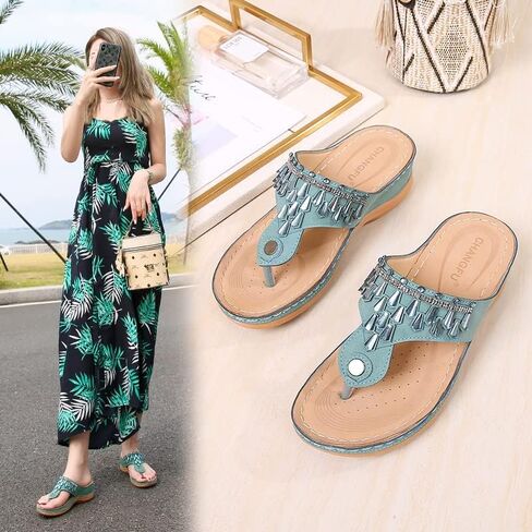Doix Women Flip Flops Summer Rhinestone Beach Sandals Thong Thong Wedge With Arch Support Plantar Thitciitis Walking Shoes Non Slip Outdoor Slippers ، Black ، US12/EU43 in Kuwait