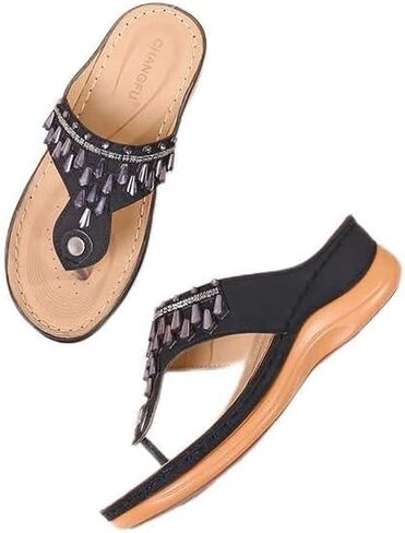 Doix Women Flip Flops Summer Rhinestone Beach Sandals Thong Thong Wedge With Arch Support Plantar Thitciitis Walking Shoes Non Slip Outdoor Slippers ، Black ، US12/EU43 in Kuwait