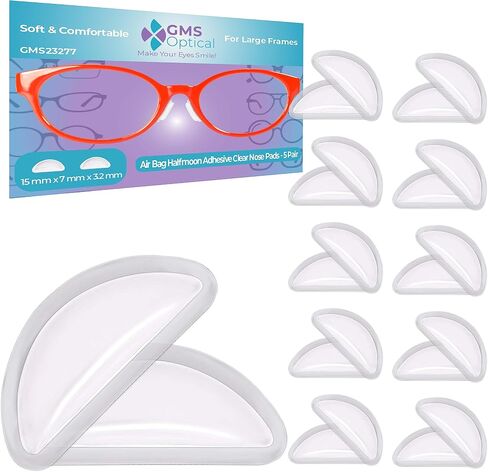 GMS Optical 3.2mm Extra-Thick / 15mm Medium-Length - Silicone Adhesive Halfmoon Air Bag Cushion Anti-Slip Nose Pads for Glasses, Eyeglasses, Sunglasses (5 Pair) (Clear) in Saudi Arabia