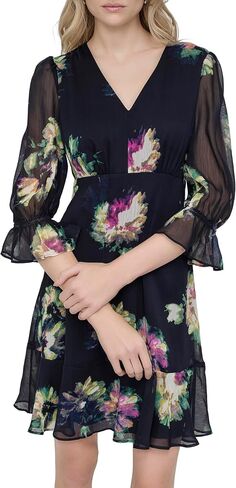 DKNY Women's V-Neck Balloon Sleeve Dress with Ruffle Hem, Navy/Raspberry Combo, 14 in Saudi Arabia
