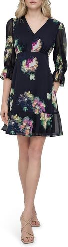 DKNY Women's V-Neck Balloon Sleeve Dress with Ruffle Hem, Navy/Raspberry Combo, 14 in Saudi Arabia