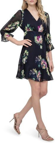 DKNY Women's V-Neck Balloon Sleeve Dress with Ruffle Hem, Navy/Raspberry Combo, 14 in Saudi Arabia