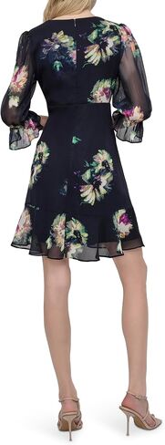 DKNY Women's V-Neck Balloon Sleeve Dress with Ruffle Hem, Navy/Raspberry Combo, 14 in Saudi Arabia