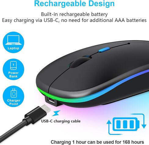 اتصال ماوس بلوتوث لاسلكي بثلاثة أوضاع: BT5.0+USB A+USB C- قابل لإعادة الشحن، مريح، نقرة كتم الصوت، أضواء LED ملونة، 1600 نقطة لكل بوصة، ماوس محمول متوافق مع كمبيوتر Mac ipad Tablet PC PC in Kuwait
