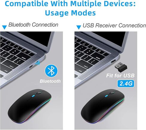 اتصال ماوس بلوتوث لاسلكي بثلاثة أوضاع: BT5.0+USB A+USB C- قابل لإعادة الشحن، مريح، نقرة كتم الصوت، أضواء LED ملونة، 1600 نقطة لكل بوصة، ماوس محمول متوافق مع كمبيوتر Mac ipad Tablet PC PC in Kuwait
