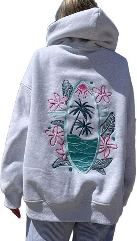 Women Y2K Embroidered Hoodie Floral Graphic Oversized Pullover Hoodie Cute Animal Pocket Hooded Sweatshirts in Saudi Arabia