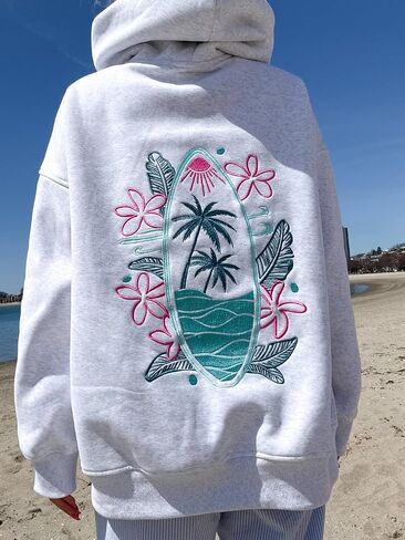 Women Y2K Embroidered Hoodie Floral Graphic Oversized Pullover Hoodie Cute Animal Pocket Hooded Sweatshirts in Saudi Arabia