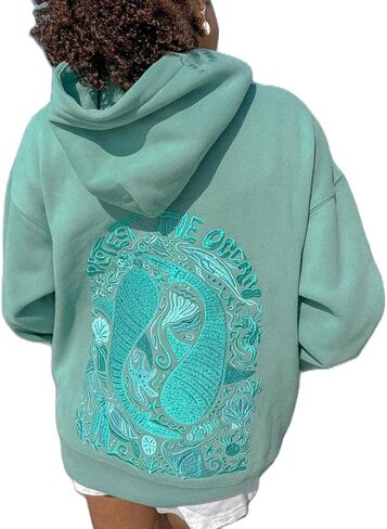Women Y2K Embroidered Hoodie Floral Graphic Oversized Pullover Hoodie Cute Animal Pocket Hooded Sweatshirts in Saudi Arabia