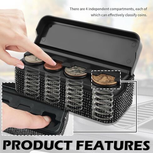 Bling Coin Holder for Car,Diamond Car Coin Organizer with 4 Compartment,Car Change Holder for Coins&Vehicle Accessories for Women Compatible with 25 Cents,10 Cents,55 Cents,Pennies (Black) in Saudi Arabia