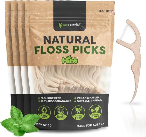 Biodegradable Floss Picks - Natural Straw Wheat Handle | Thin & Durable Thread for Tight Gaps! | Dental Flossers for Adults | Gentle on Gums & Teeth | Eco Friendly, Vegan, Natural (100 Pack, Mint) in Saudi Arabia