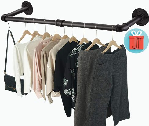Industrial Pipe Clothes Rack with Top Shelf and 3 Hooks, 41''L Wall Mounted Garment Rack, Heavy Duty Iron Garment Bar, Clothes Hanging Rod Bar, 4 Base Max Load 135Lb Black in Saudi Arabia